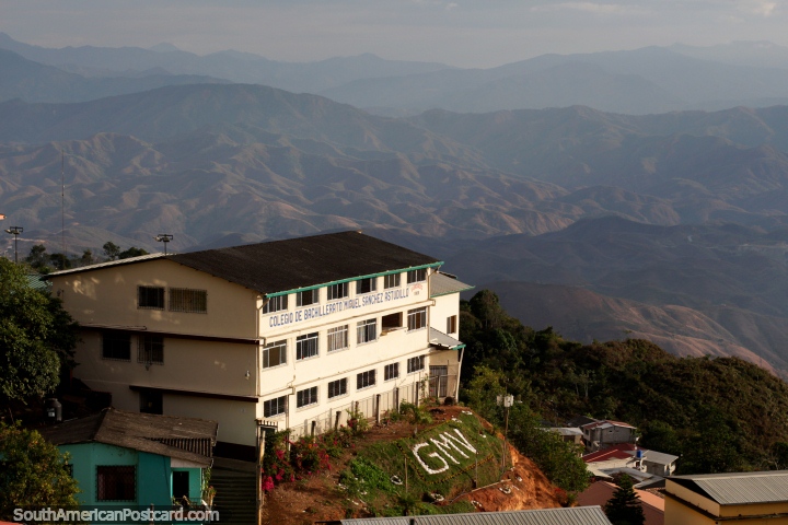 Miguel Sanchez Astudillo College (1969) in Zaruma, overlooking distant hills. (720x480px). Ecuador, South America.