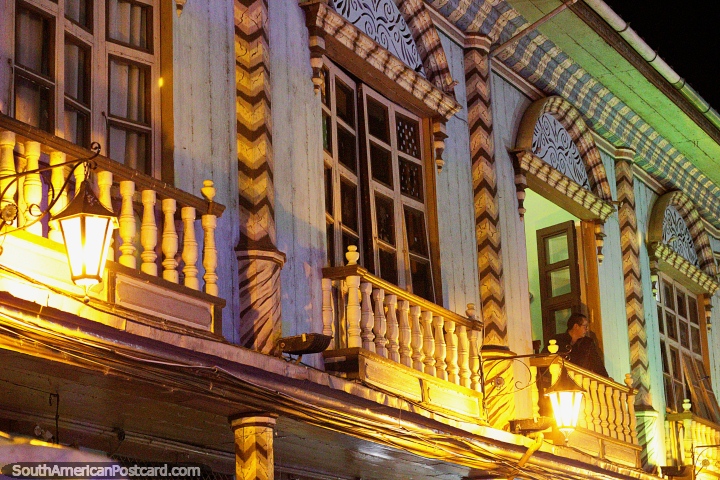My favorite building in Zaruma, the green one, looks even better at night. (720x480px). Ecuador, South America.