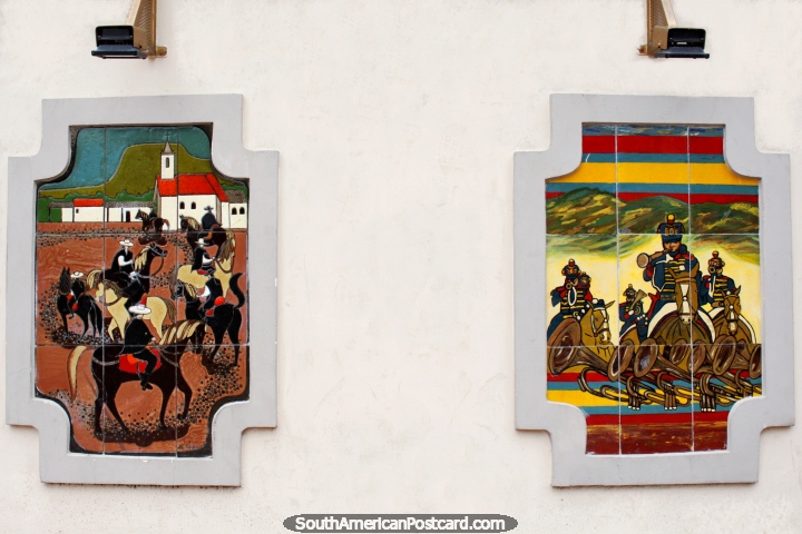Tiles painted with artwork depicting men on horses, military and cultural, Loja. (720x480px). Ecuador, South America.