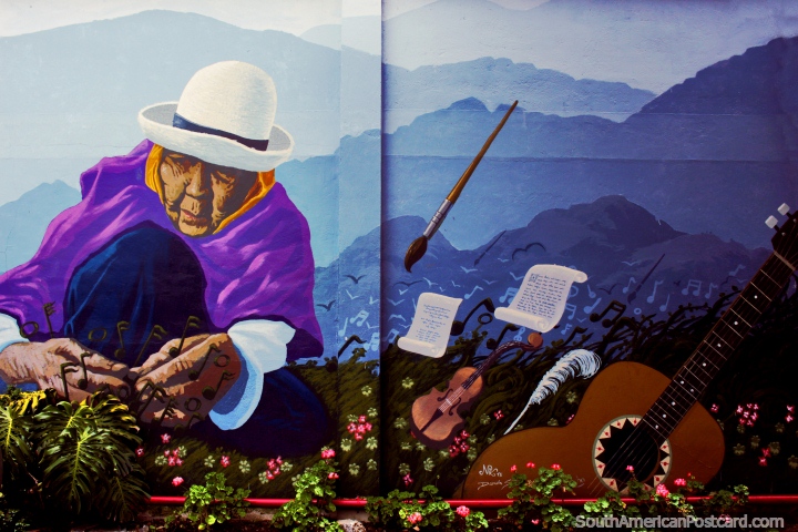 Notes of music rise up from the grass as a woman tends, musical mural in Loja. (720x480px). Ecuador, South America.