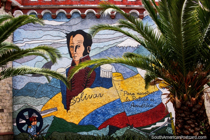 Simon Bolivar liberated Venezuela, Colombia, Panama, Ecuador and Peru and founded Bolivia, mural in Loja. (720x480px). Ecuador, South America.