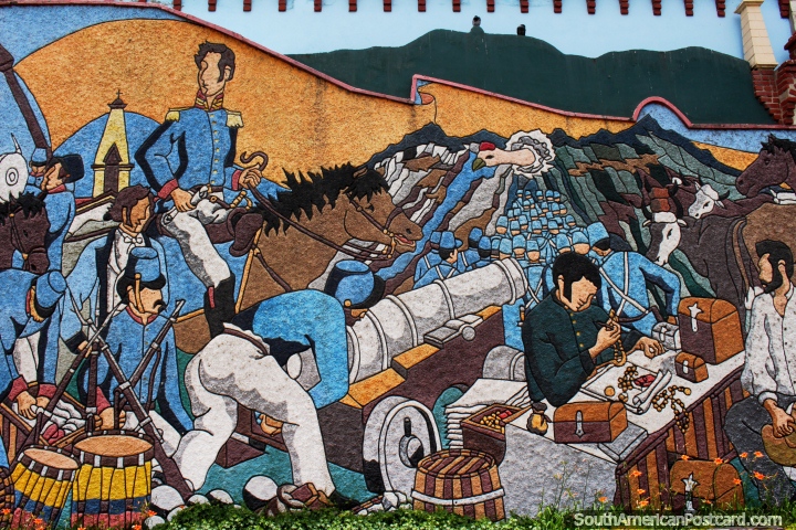 Battle scene with Simon Bolivar on horseback, the liberation, mural in Loja. (720x480px). Ecuador, South America.