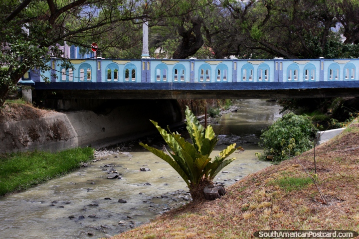 Bridge over the river in Loja with many trees along the banks. (720x480px). Ecuador, South America.