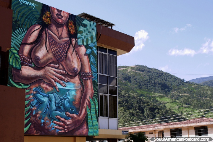 Indigenous woman pregnant with a baby, enormous mural in Zamora on a building side. (720x480px). Ecuador, South America.