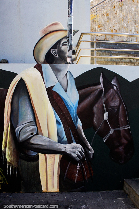 Cowboy with white hat and scarf and a brown horse, street art in Zamora. (480x720px). Ecuador, South America.
