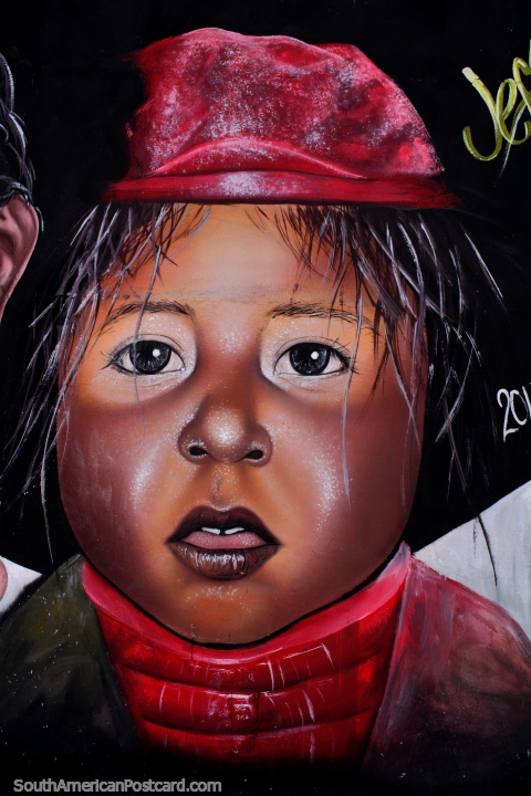Menina com chapu vermelho e leno, alguns a grande arte de rua na Zamora. (480x720px). Equador, Amrica do Sul.