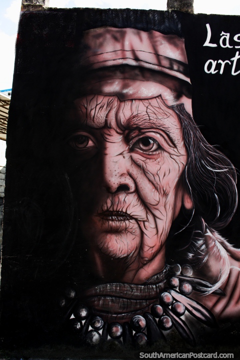 An elder indigenous woman with detailed features, street art in Zamora. (480x720px). Ecuador, South America.