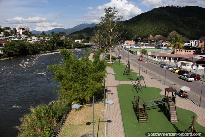 The malecon and park beside the Zamora River, the best part of town in Zamora. (720x480px). Ecuador, South America.