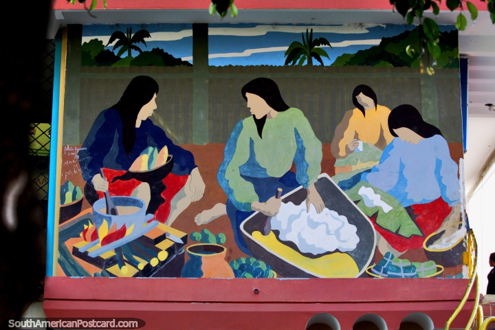 Women cooking and preparing food, fantastic mural on the side of the market building in Zamora. (720x480px). Ecuador, South America.