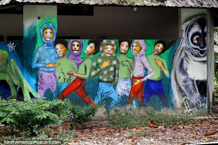 8 youth and their pet Koala bear, street art on an old building in Zamora. (720x480px). Ecuador, South America.