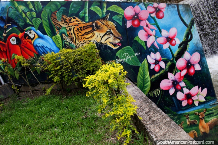 Tiger, macaws and deer, fantastic mural in Yantzaza by Diego Paqui, created in 2016. (720x480px). Ecuador, South America.