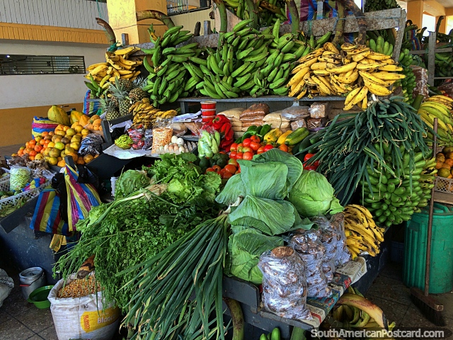 Cebola de primavera, repolho, bananas, alface e pimentão, no domingo mercado em Gualaquiza. (640x480px). Equador, América do Sul.