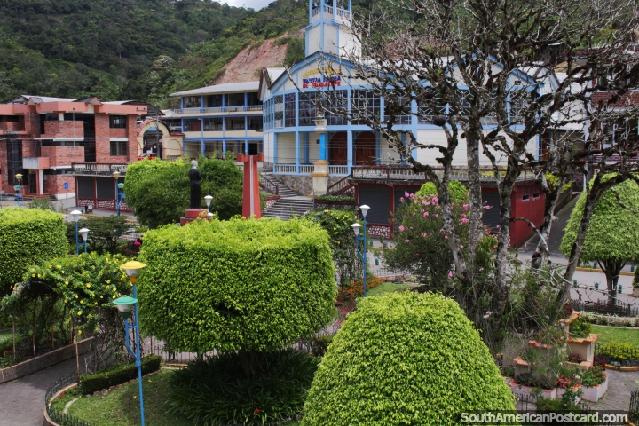 Central park and church in Limon, nicely manicured trees and gardens. (720x480px). Ecuador, South America.