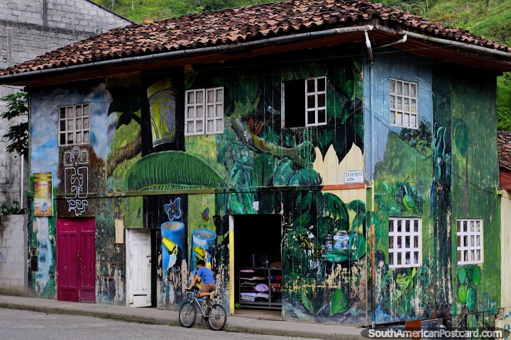 Tienda de madera y casa pintada con imgenes de naturaleza y cultura en Limn. (720x480px). Ecuador, Sudamerica.
