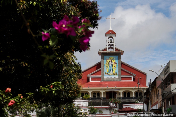 Church Nuestra Senora in Macas at Civico Park with flower gardens. (720x480px). Ecuador, South America.