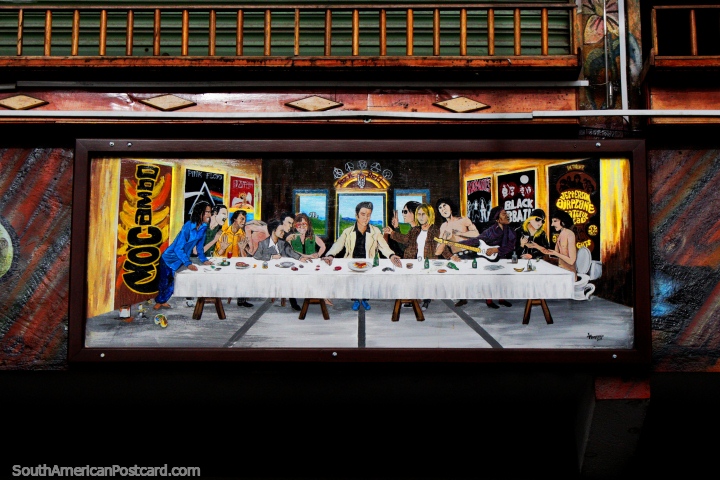Famous rock stars gather for a feast in a last supper setting, storefront in Banos. (720x480px). Ecuador, South America.