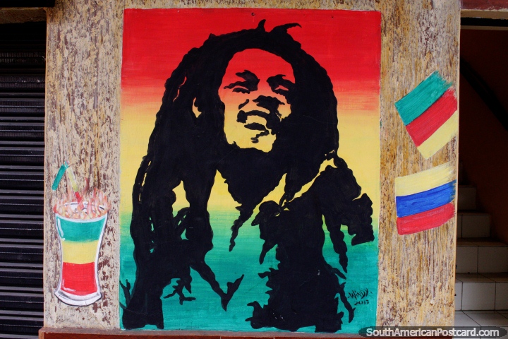 El mural de Bob Marley en Banos, el clsico con colores reggae, del artista Windy. (720x480px). Ecuador, Sudamerica.