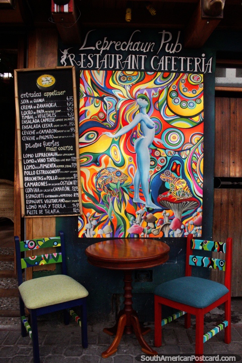 Leprechaun Pub Restaurant and Cafe in Banos, check out the menu. (480x720px). Ecuador, South America.