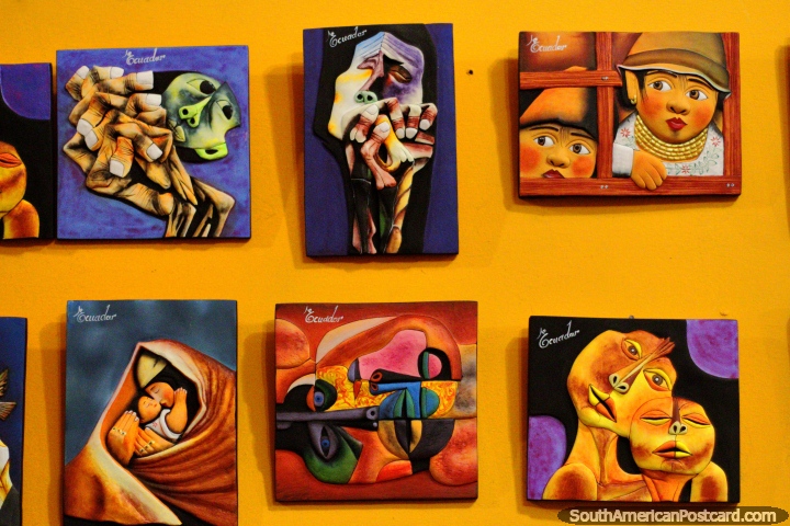 Impresses de arte que representam cultura equatoriana e sobrenaturalidade, para venda em Banos. (720x480px). Equador, Amrica do Sul.
