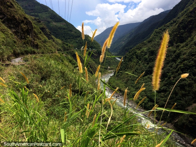 Pastaza River and the road downhill on the route of waterfalls in Banos, spectacular and beautiful. (640x480px). Ecuador, South America.