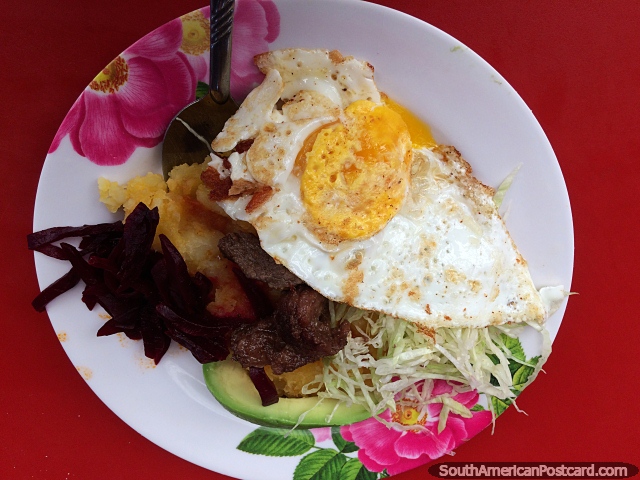 Comida tpica en Latacunga con carne, pur de papas, remolacha, aguacate, repollo y huevo frito, delicioso! (640x480px). Ecuador, Sudamerica.