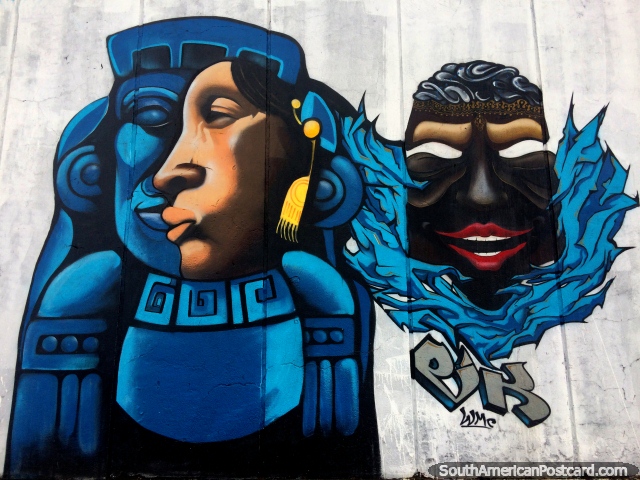 Arte callejero cultural con la imagen de una mujer, un dios azul y una máscara en Latacunga. (640x480px). Ecuador, Sudamerica.