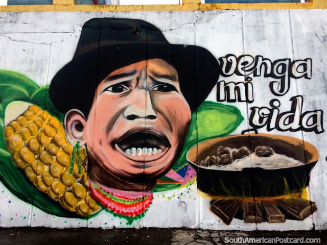 Venha a minha vida (venga mi vida), uma comida de agricultores pobre, sopa e grão, arte de rua em Latacunga. (640x480px). Equador, América do Sul.
