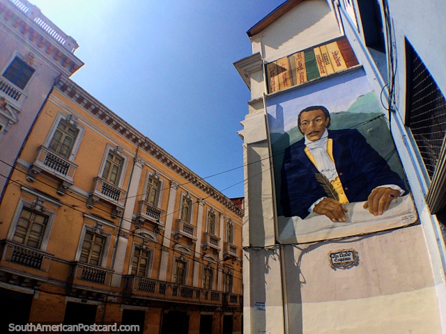 Large mural of an important man at the 4 corners in central Quito. (640x480px). Ecuador, South America.