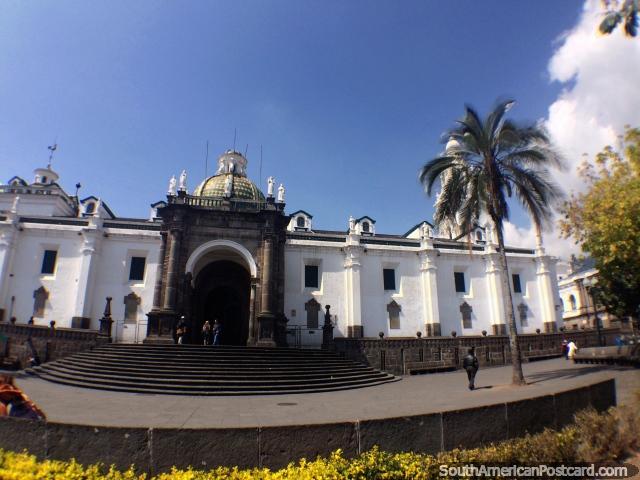 Metropolitan Cathedral (1572) in Quito, one of 2 entrances, plaza and palm tree outside. (640x480px). Ecuador, South America.