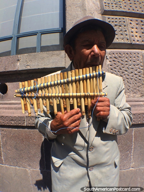 Musician blows bamboo pipes in central Quito, a place with many street performers. (480x640px). Ecuador, South America.