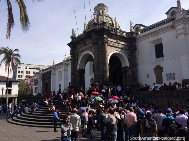 People of Quito gather to listen to a public speaker at Independence Plaza outside the cathedral. (640x480px). Ecuador, South America.
