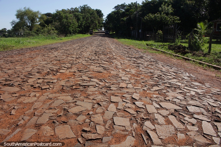Color and texture of the cobblestone road seen throughout Paraguay in Carmen del Parana. (720x480px). Paraguay, South America.