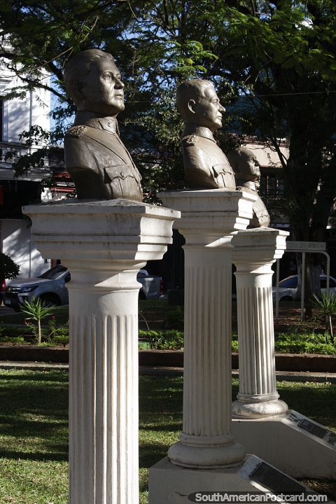 Rafael Franco, Jose Felix Estigarribia and Eugenio A. Garay, military, busts in Villarrica. (480x720px). Paraguay, South America.