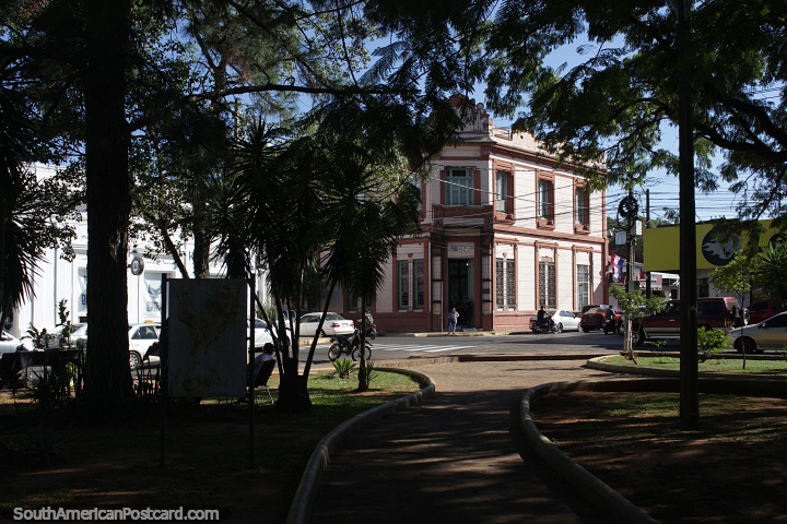 Bank building on the corner of the plaza in Villarrica. (720x480px). Paraguay, South America.