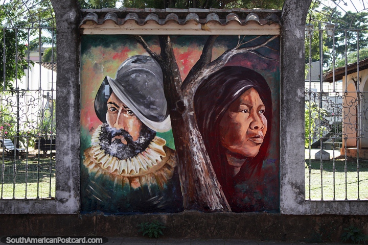 A captain and an indigenous woman, mural in Villarrica. (720x480px). Paraguay, South America.