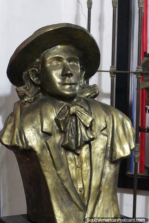 Gold sculpture of famous musician of Paraguay - Ortiz Guerrero, at the museum in Villarrica. (480x720px). Paraguay, South America.