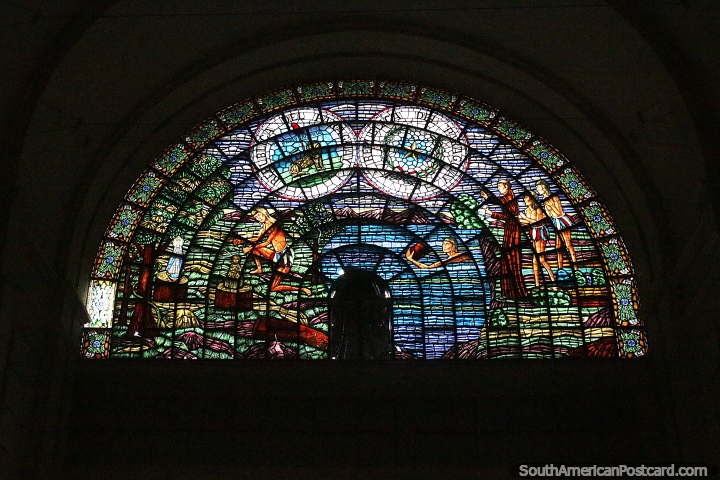 Arched stained glass window at the cathedral in Caacupe. (720x480px). Paraguay, South America.