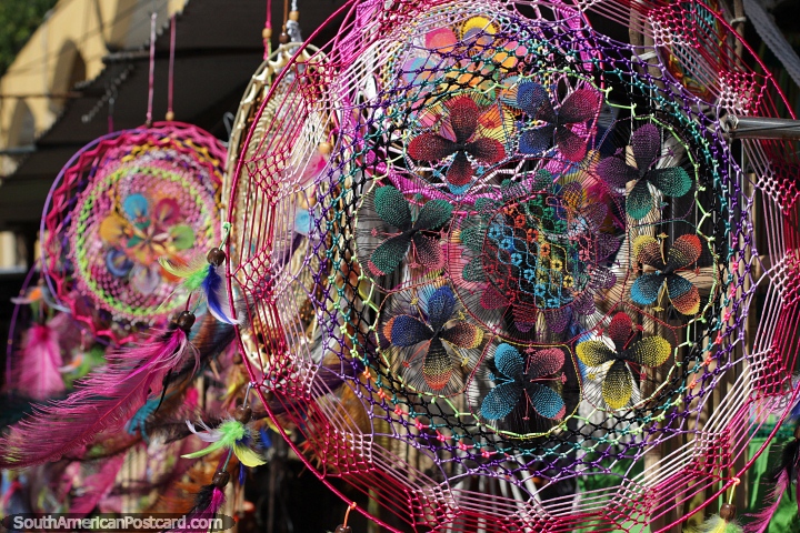 Finely woven dream catchers with amazing colors for sale in Aregua. (720x480px). Paraguay, South America.