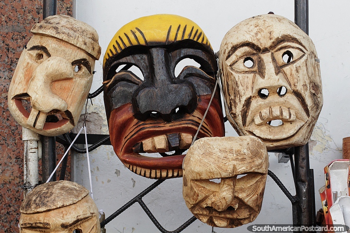 Masks carved out of wood for sale on the street in Asuncion. (720x480px). Paraguay, South America.