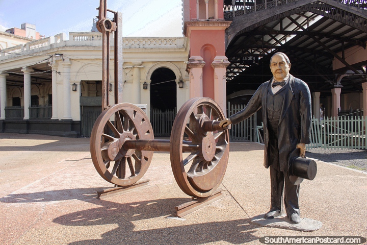 Railway station in Asuncion with President Carlos Antonio Lopez in 1854 when the first line was built. (720x480px). Paraguay, South America.