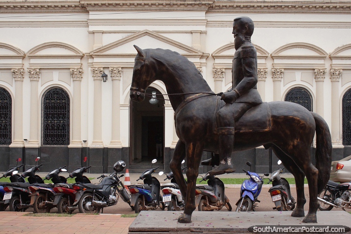 Gral. Bernardino Caballero (1839-1912) on horseback, a monument in front of the theater in Concepcion. (720x480px). Paraguay, South America.
