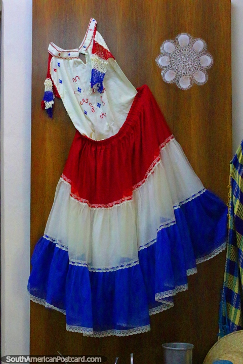 Paraguayan traditional dress on display at the museum in Filadelfia. (480x720px). Paraguay, South America.