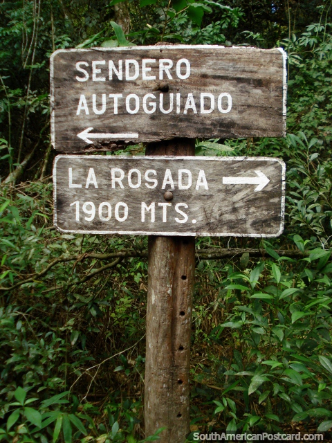 Signo de madera en Parque Nacional Ybycui. (480x640px). Paraguay, Sudamerica.