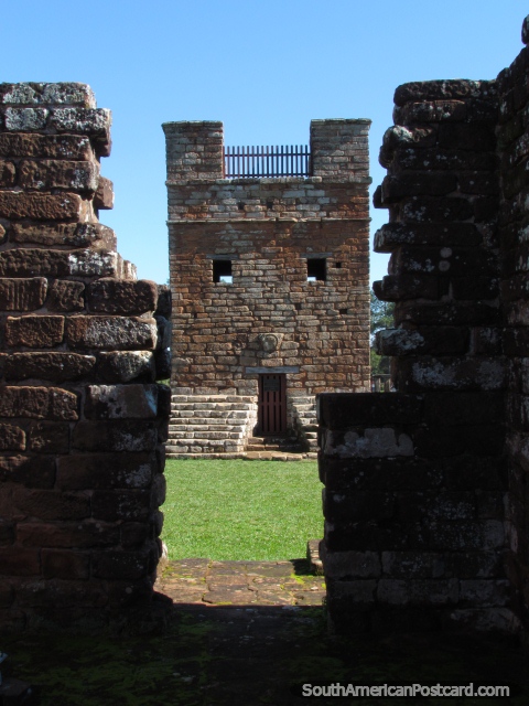 Looking through a stone doorway towards the Campanario at Trinidad. (480x640px). Paraguay, South America.