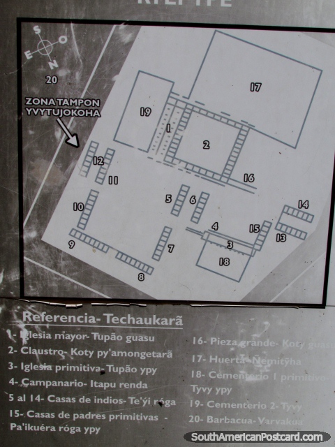 Mapa del edificio en las ruinas Jesuitas de Trinidad, Encarnacion. (480x640px). Paraguay, Sudamerica.