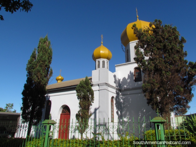 Russian church in Encarnacion - Iglesia Ortodoxa San Nicolas with yellow domes. (640x480px). Paraguay, South America.