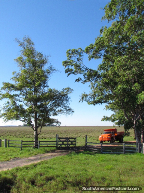 Un camin naranja por una granja entre San Miguel y Villa Florida. (480x640px). Paraguay, Sudamerica.