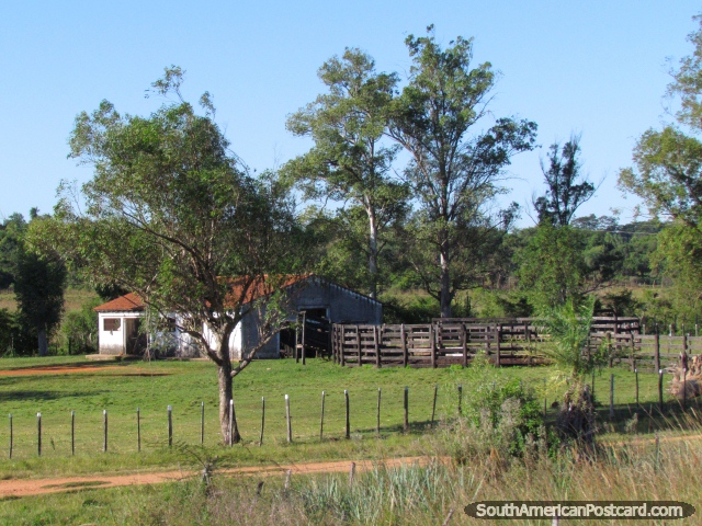 Cobertizo de ganado y cercas por una granja entre Caapucu y Quiindy. (640x480px). Paraguay, Sudamerica.