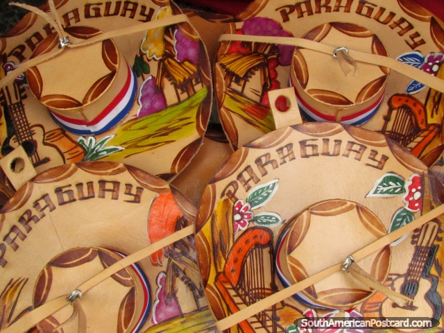 Miniature Paraguay hats made of leather at a souvenir stand in Asuncion. (640x480px). Paraguay, South America.