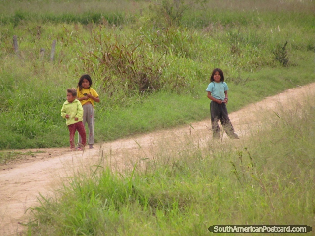 3 niños indígenas que miran el autobús ir por en Gran Chaco. (640x480px). Paraguay, Sudamerica.